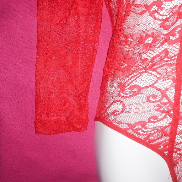 Red Sheer Lace Long Sleeve Bodysuit Romper - Picture 4 of 7